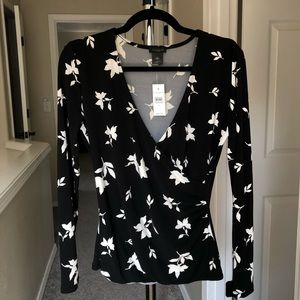Ann Taylor Black Patterned Long Sleeve Blouse